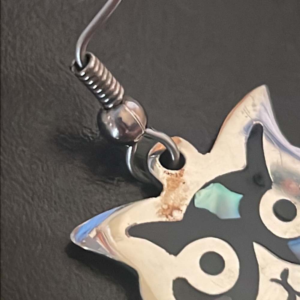 Vintage Alpaca Silver with Abalone Shell Black Onyx Owl Earrings - Picture 7 of 8